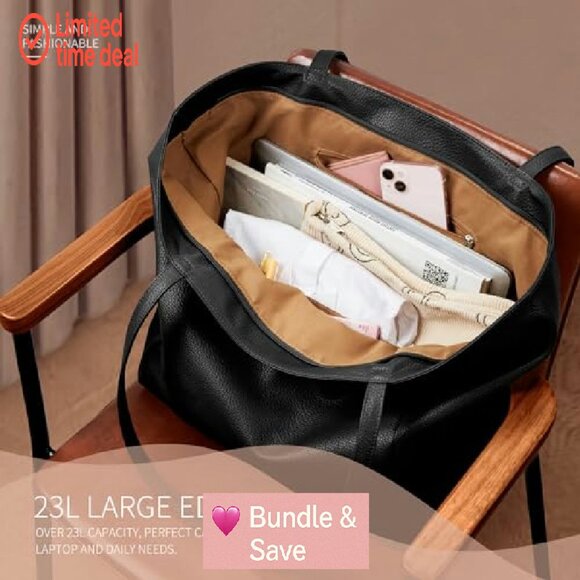 Large Vegan Leather Tote Bag with Zipper, 23L Capacity for Work and Travel - Picture 6 of 8